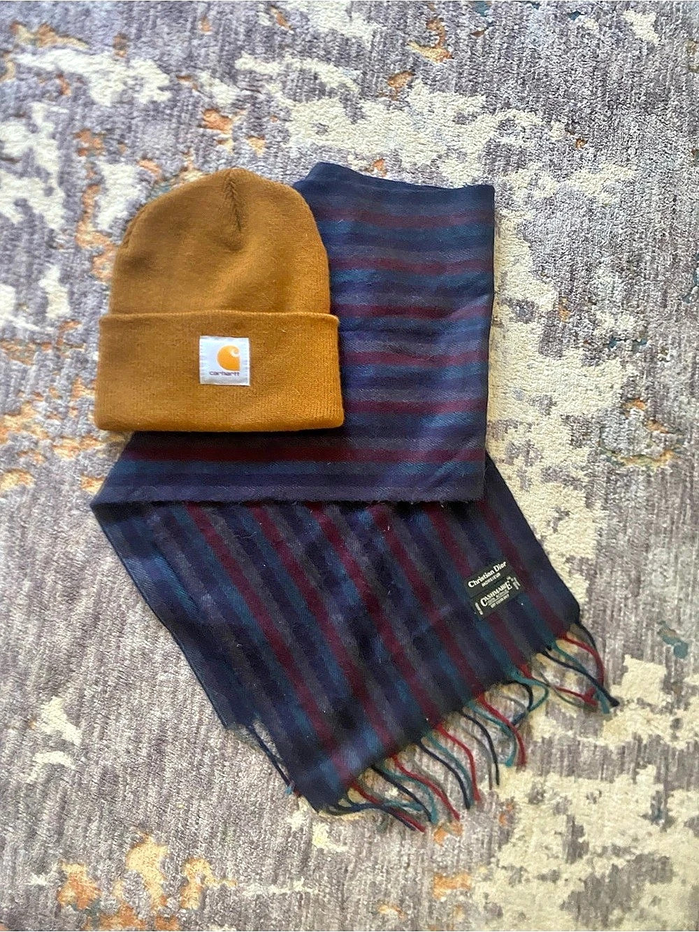 Carhartt brown hat & blue and red cashmere scarf